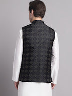 Jompers Men's Black Woven Design Nehru Jacket