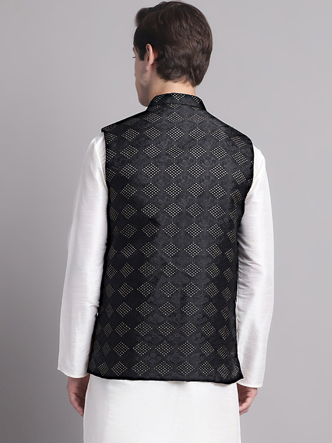 Jompers Men's Black Woven Design Nehru Jacket