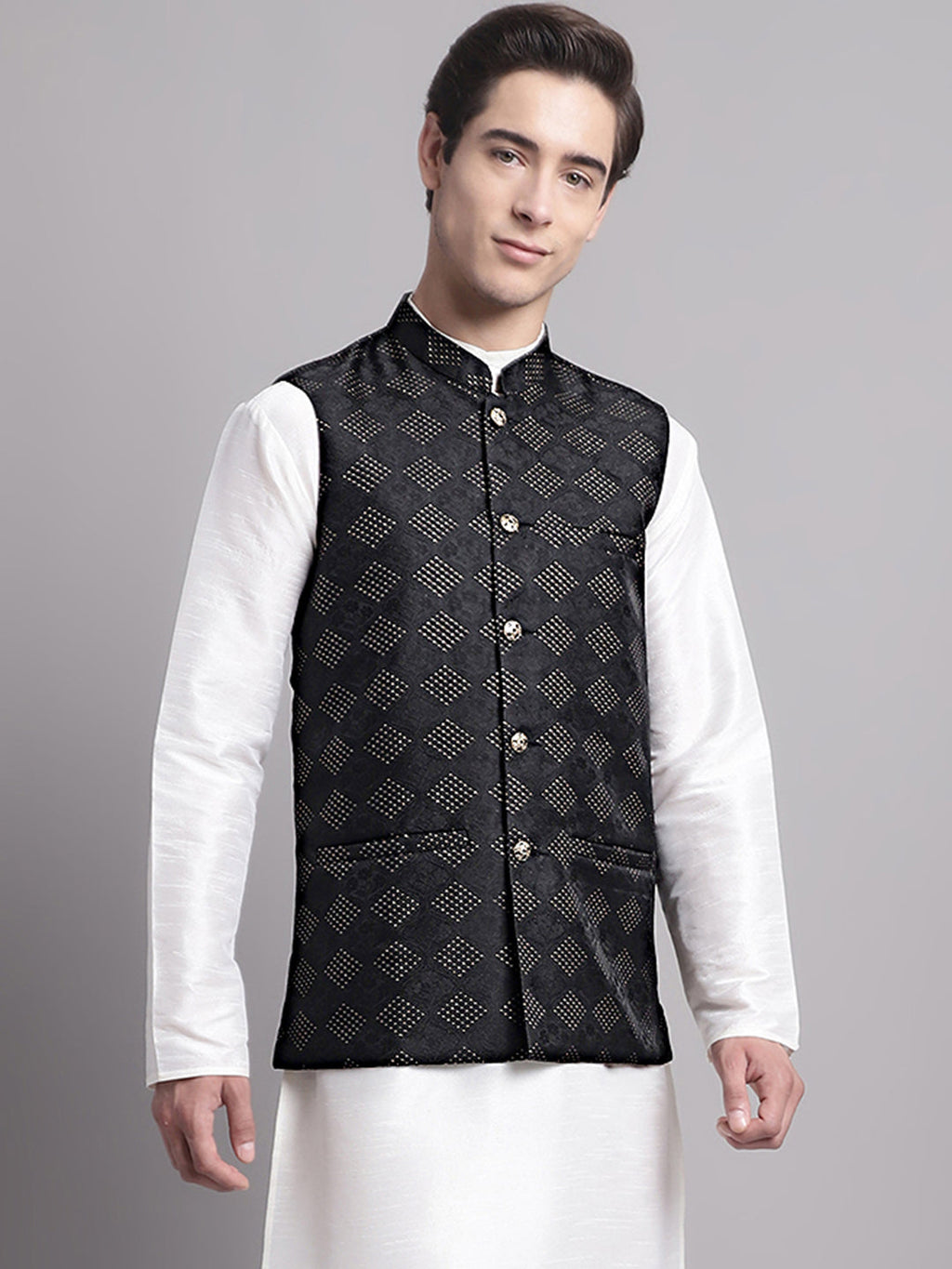 Jompers Men's Black Woven Design Nehru Jacket