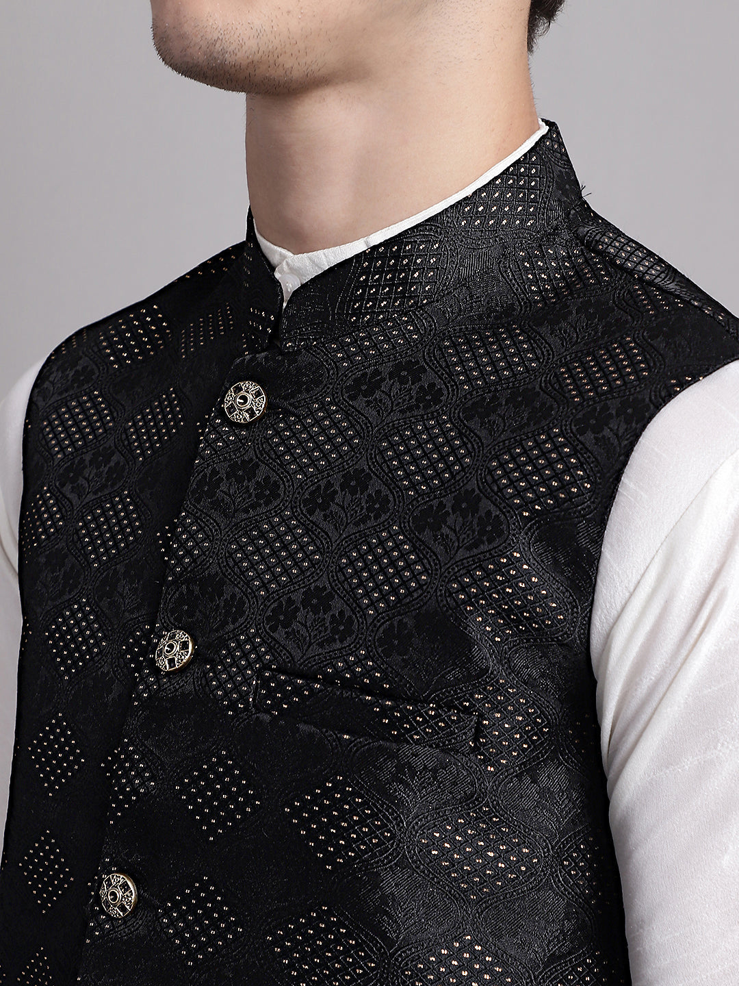 Jompers Men's Black Woven Design Nehru Jacket