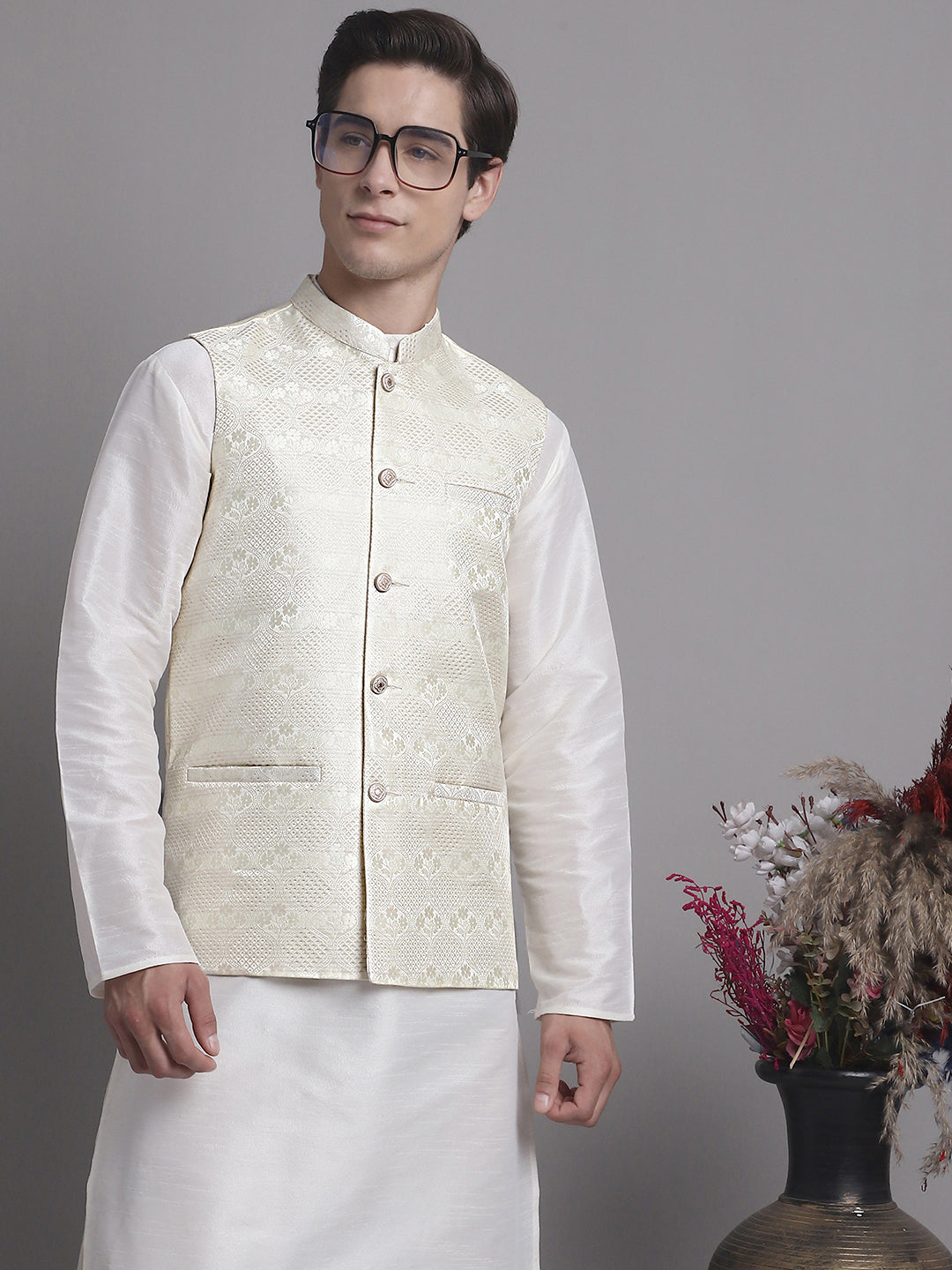 Jompers Men's Cream Woven Design Nehru Jacket
