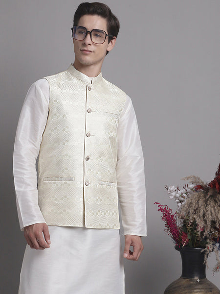 Jompers Men's Cream Woven Design Nehru Jacket
