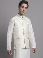 Jompers Men's Cream Woven Design Nehru Jacket