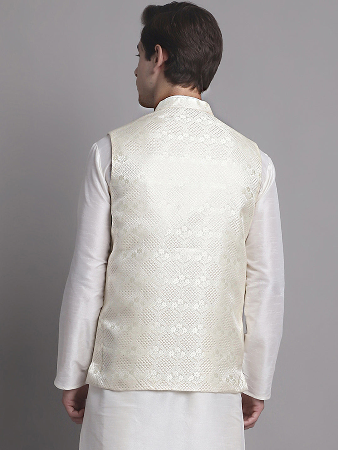 Jompers Men's Cream Woven Design Nehru Jacket