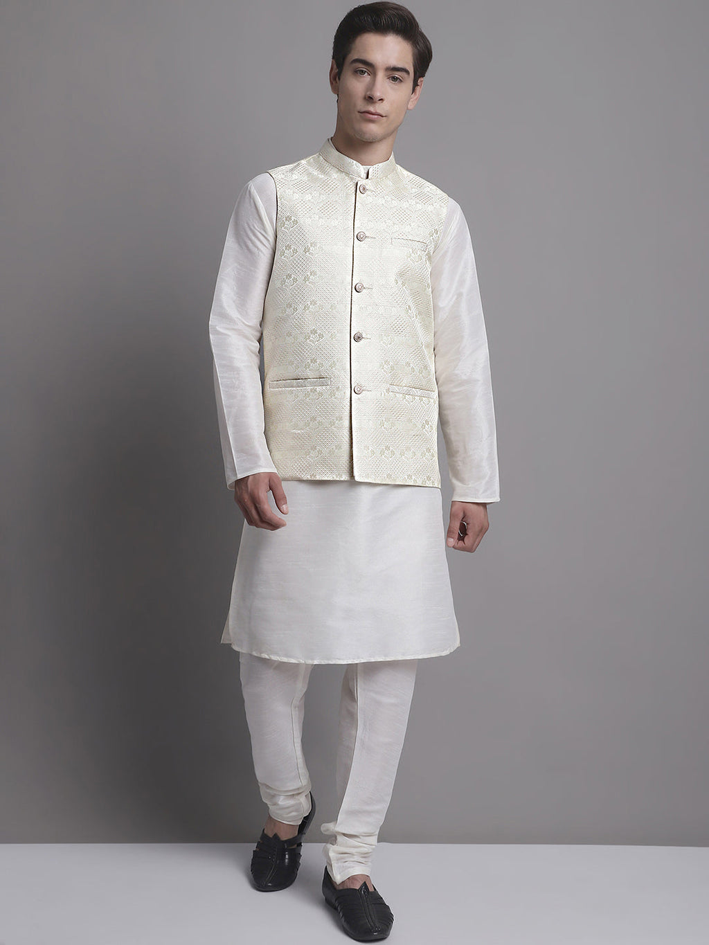 Jompers Men's Cream Woven Design Nehru Jacket