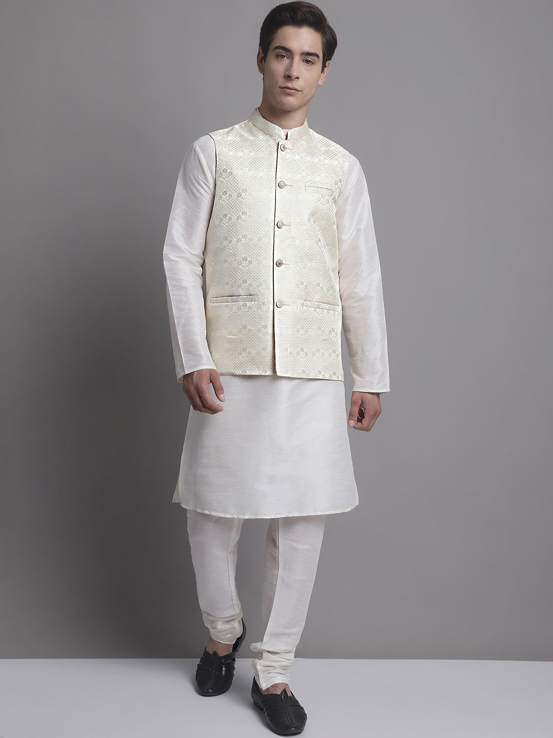 Jompers Men's Cream Woven Design Nehru Jacket