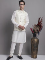 Jompers Men's Cream Woven Design Nehru Jacket