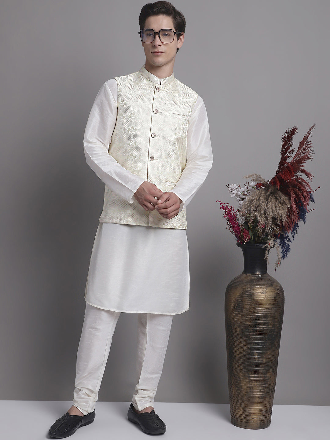 Jompers Men's Cream Woven Design Nehru Jacket