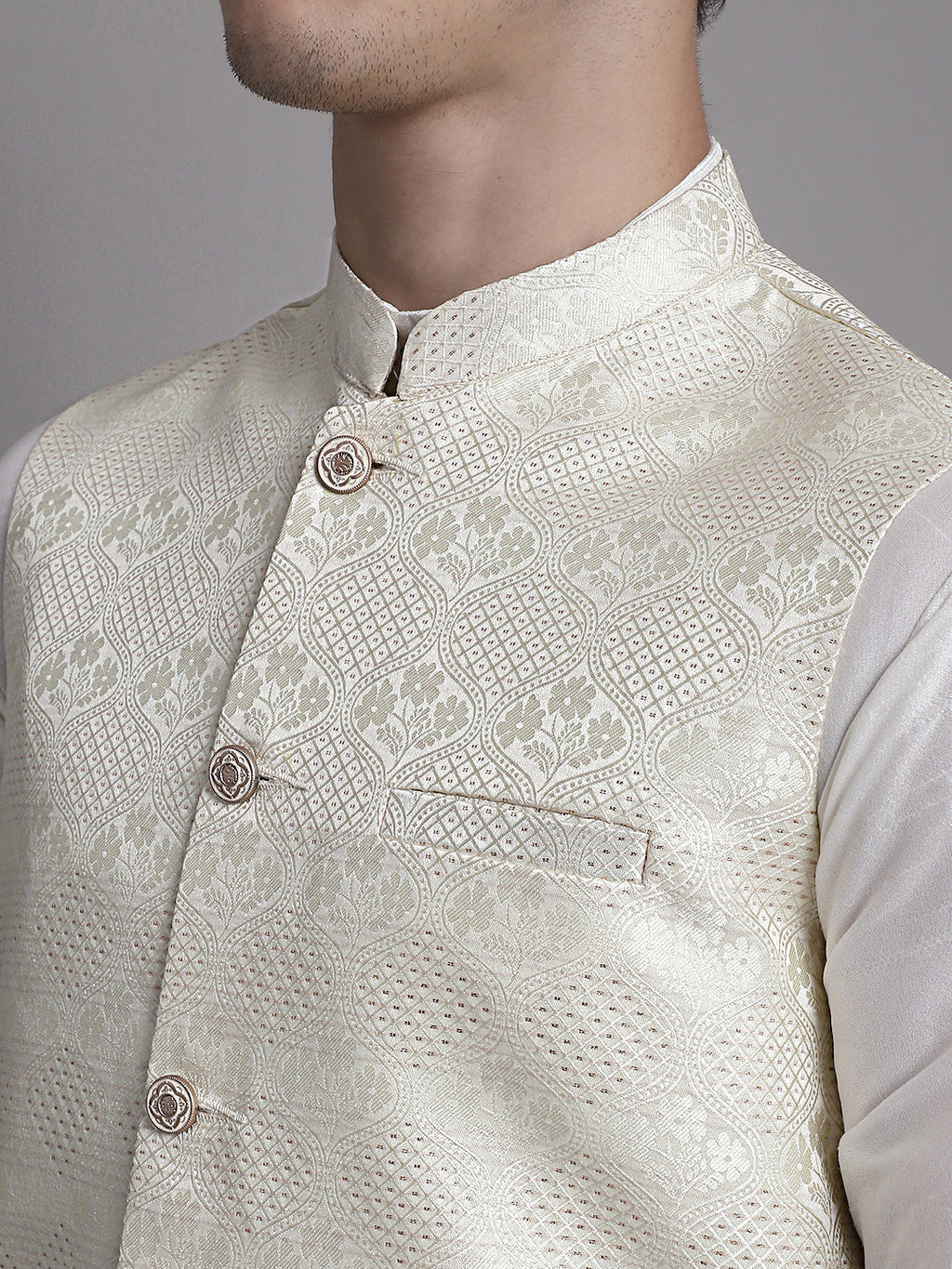 Jompers Men's Cream Woven Design Nehru Jacket