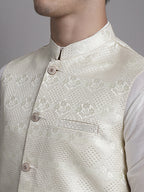 Jompers Men's Cream Woven Design Nehru Jacket