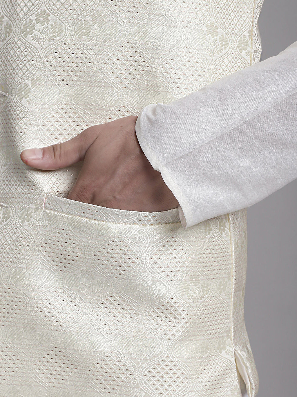 Jompers Men's Cream Woven Design Nehru Jacket