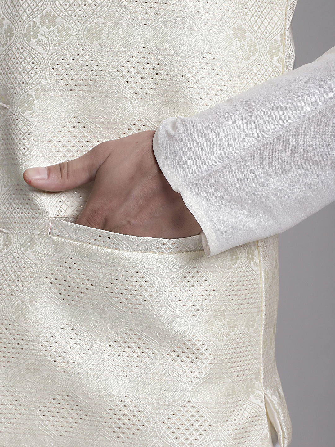 Jompers Men's Cream Woven Design Nehru Jacket
