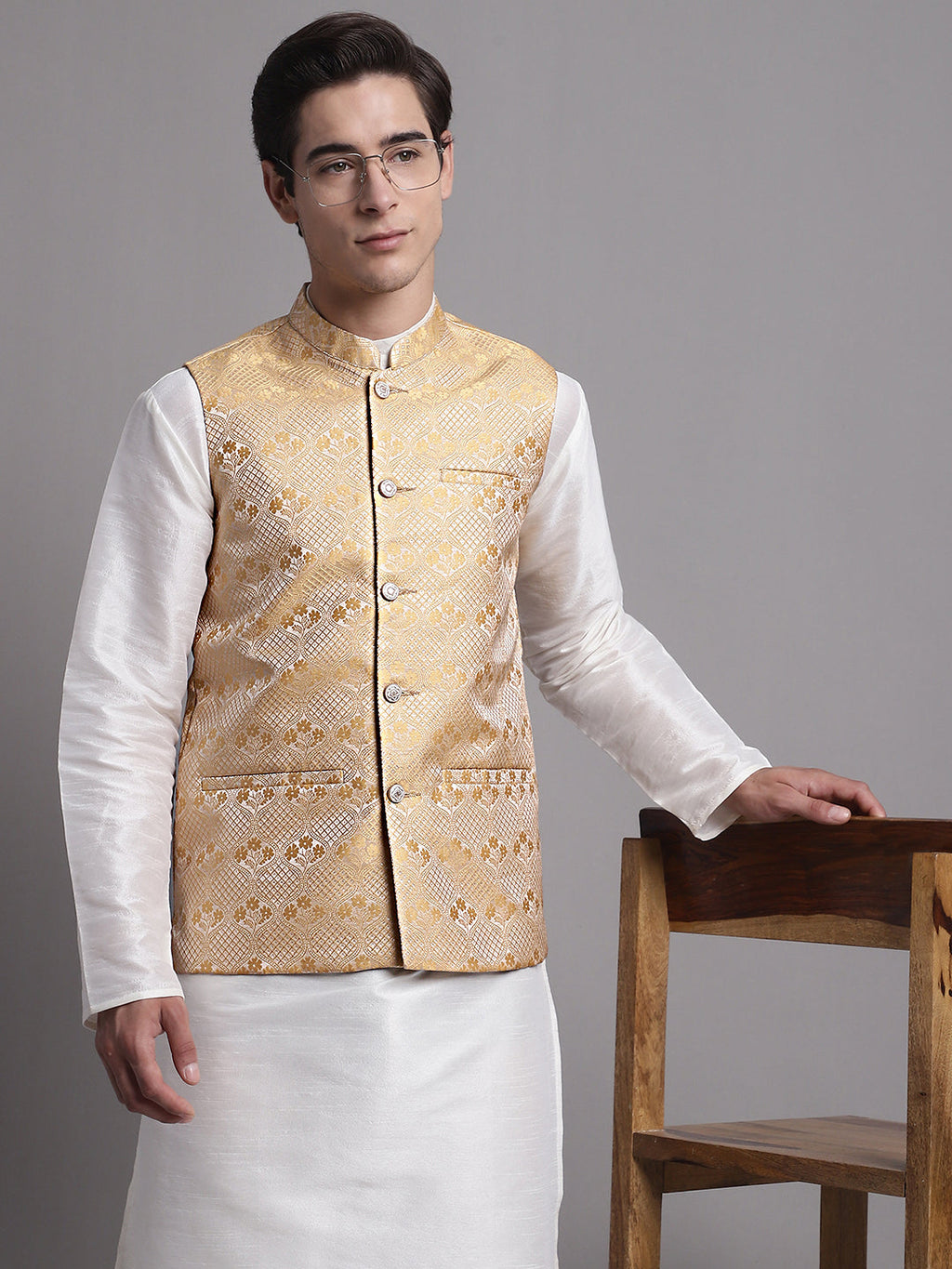 Jompers Men's Golden Woven Design Nehru Jacket