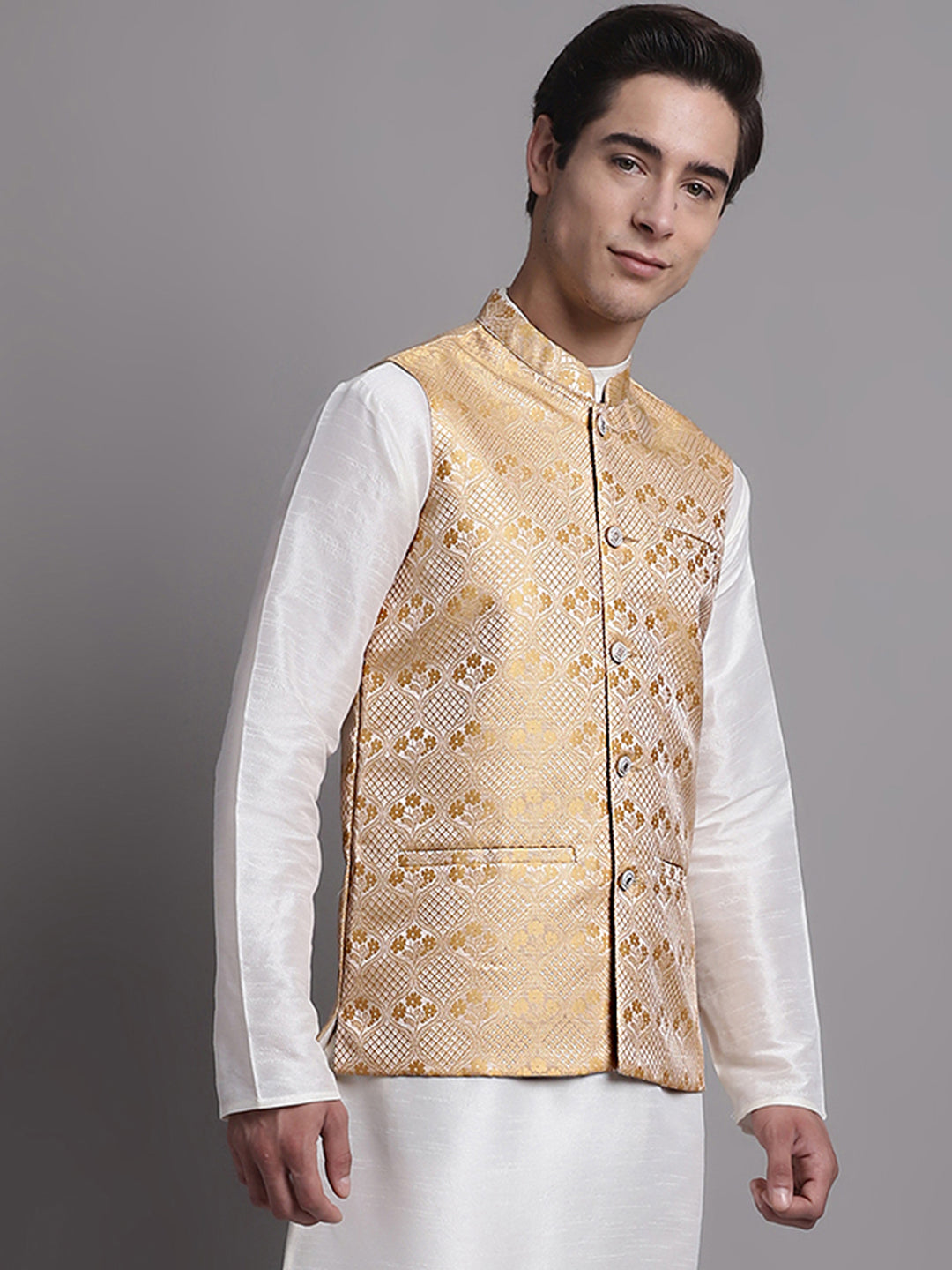 Jompers Men's Golden Woven Design Nehru Jacket