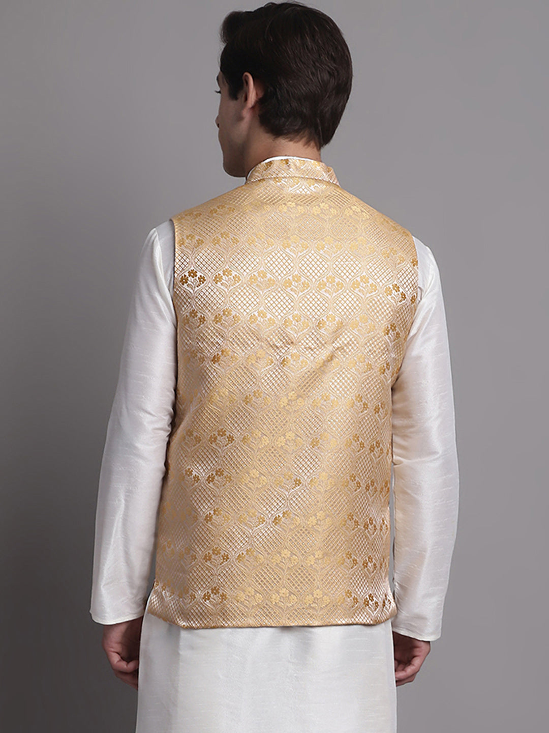 Jompers Men's Golden Woven Design Nehru Jacket