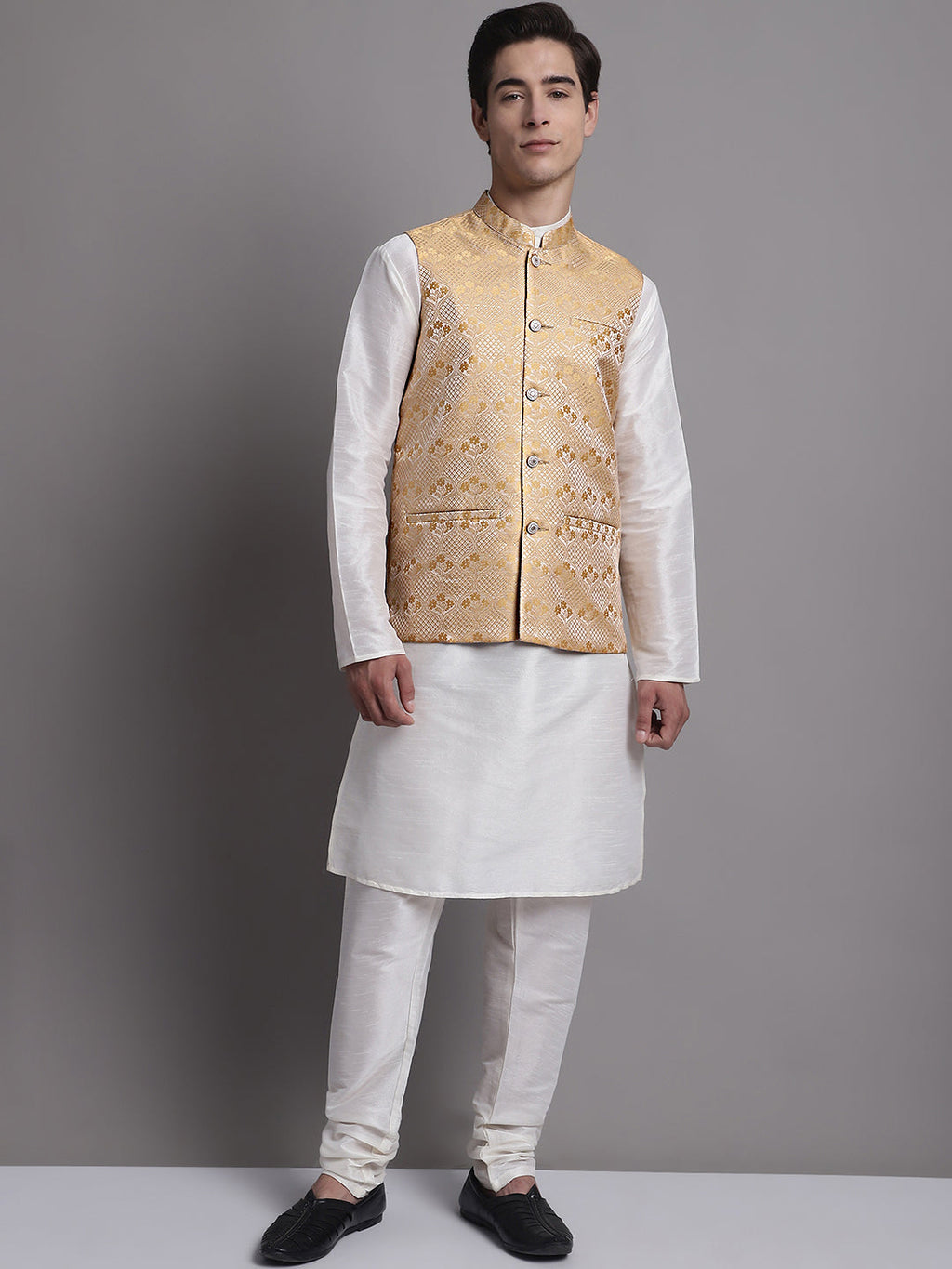 Jompers Men's Golden Woven Design Nehru Jacket