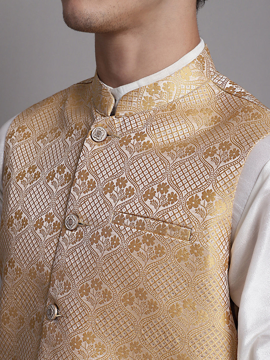 Jompers Men's Golden Woven Design Nehru Jacket