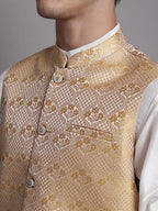 Jompers Men's Golden Woven Design Nehru Jacket