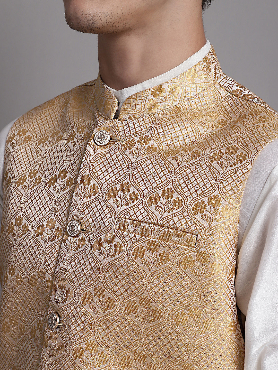 Jompers Men's Golden Woven Design Nehru Jacket