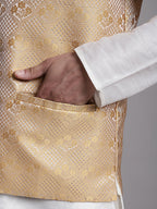 Jompers Men's Golden Woven Design Nehru Jacket