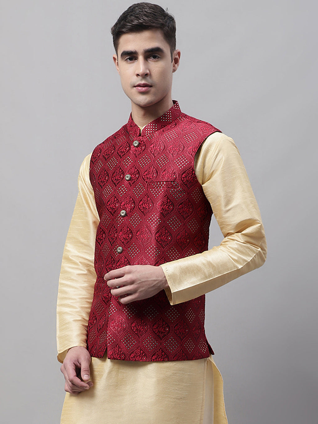 Jompers Men's Maroon Woven Design Waistcoats