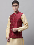 Jompers Men's Maroon Woven Design Waistcoats