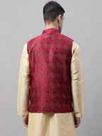 Jompers Men's Maroon Woven Design Waistcoats