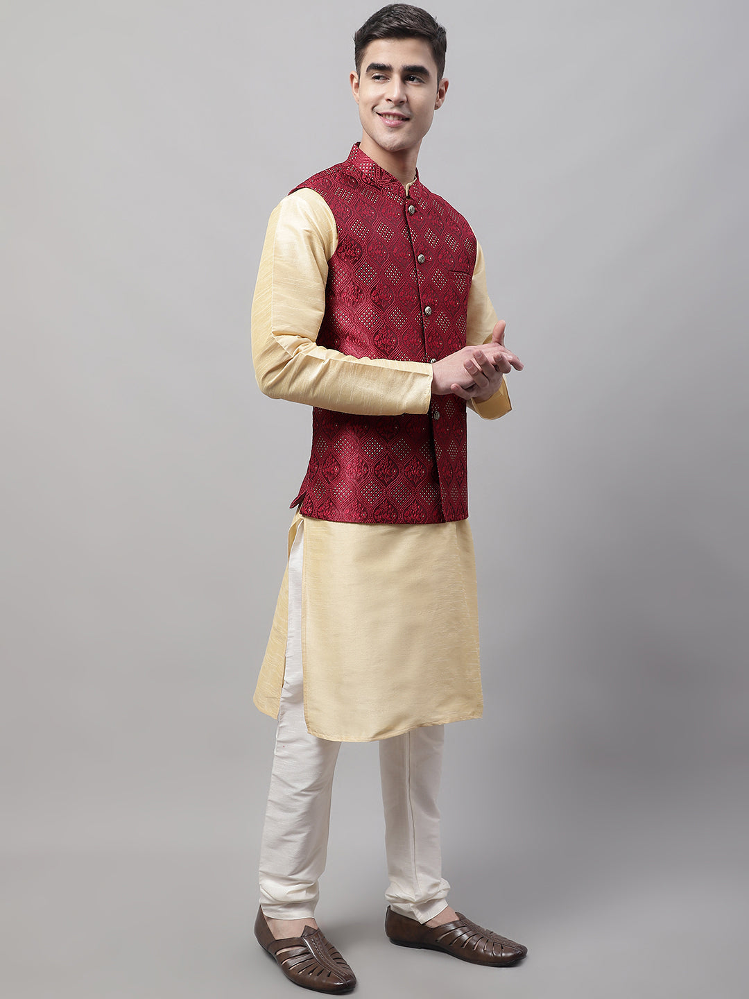 Jompers Men's Maroon Woven Design Waistcoats
