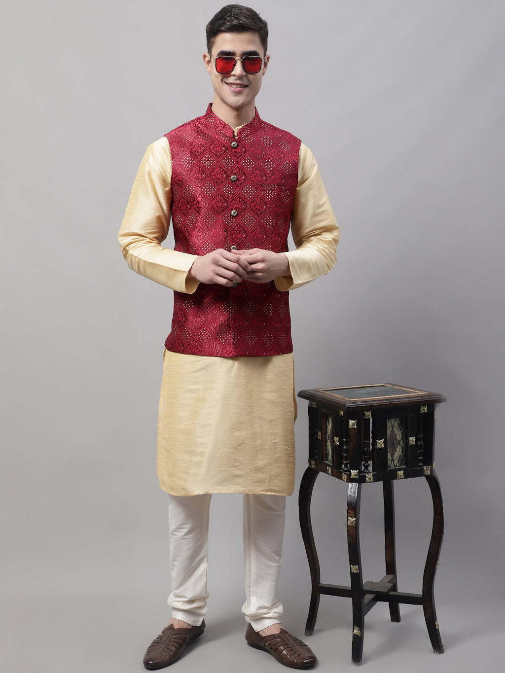 Jompers Men's Maroon Woven Design Waistcoats
