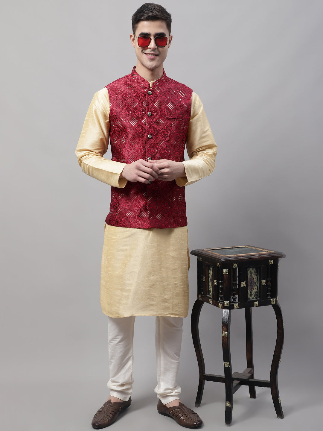 Jompers Men's Maroon Woven Design Waistcoats