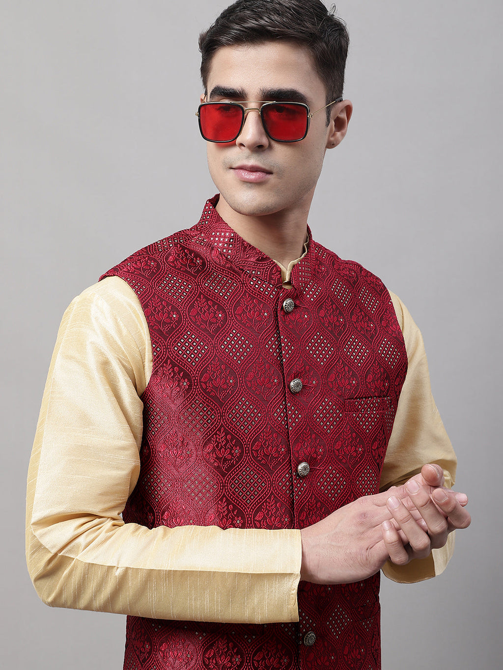 Jompers Men's Maroon Woven Design Waistcoats