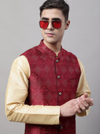 Jompers Men's Maroon Woven Design Waistcoats