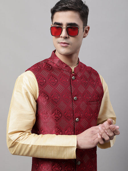 Jompers Men's Maroon Woven Design Waistcoats
