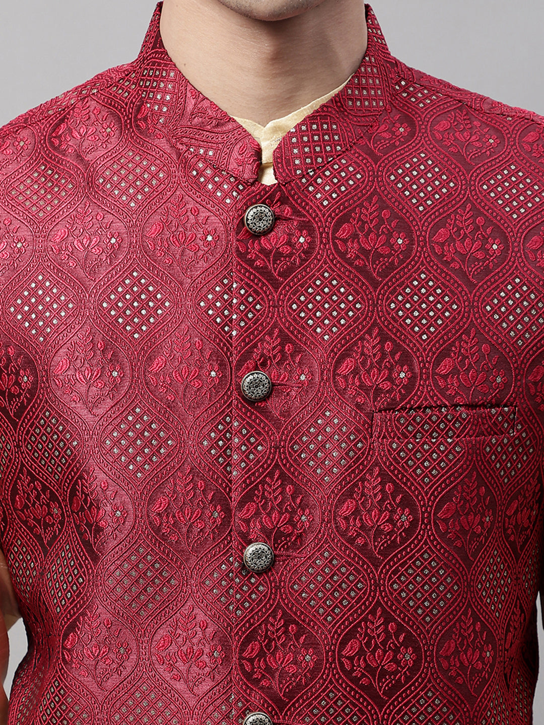 Jompers Men's Maroon Woven Design Waistcoats