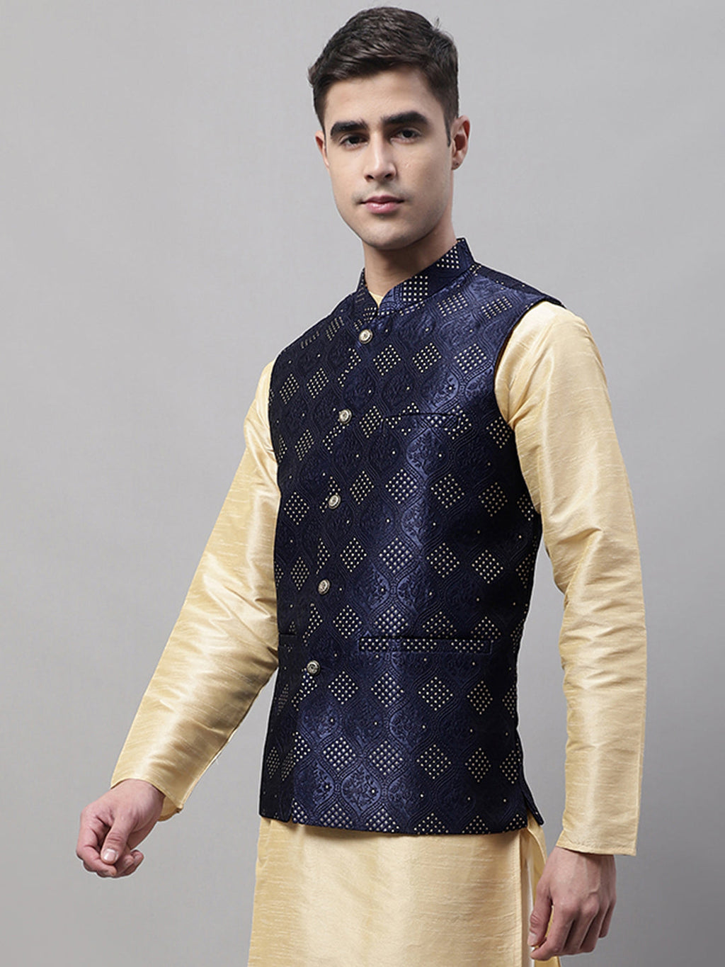 Jompers Men's Navy Blue Woven Design Waistcoats