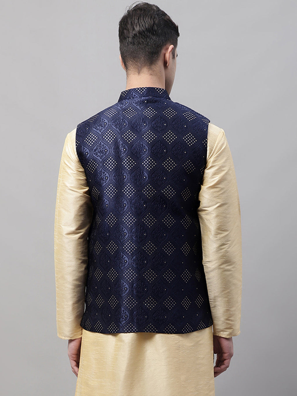 Jompers Men's Navy Blue Woven Design Waistcoats