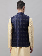 Jompers Men's Navy Blue Woven Design Waistcoats