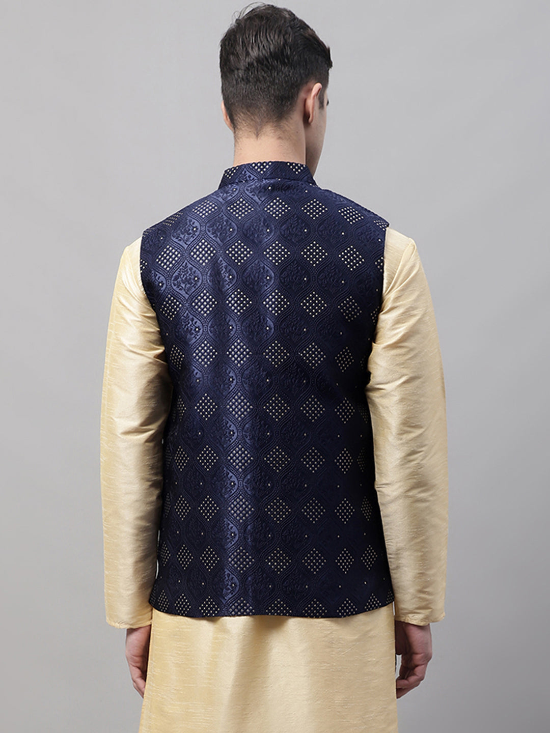 Jompers Men's Navy Blue Woven Design Waistcoats