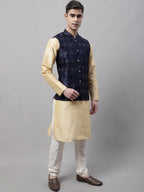 Jompers Men's Navy Blue Woven Design Waistcoats