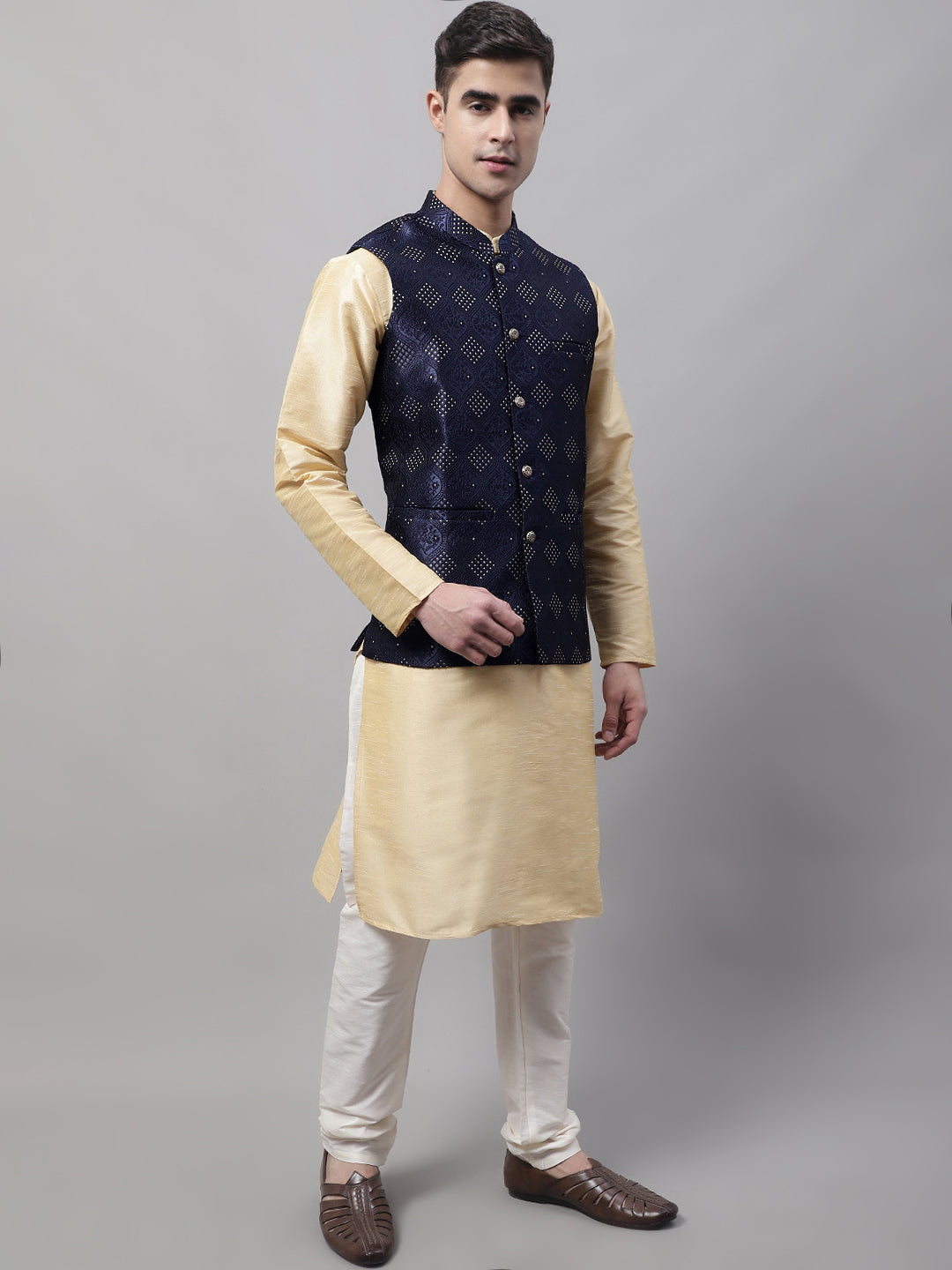 Jompers Men's Navy Blue Woven Design Waistcoats