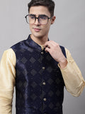 Jompers Men's Navy Blue Woven Design Waistcoats