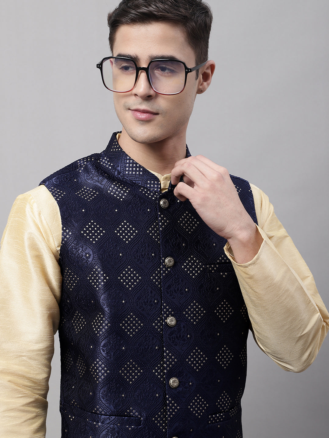 Jompers Men's Navy Blue Woven Design Waistcoats
