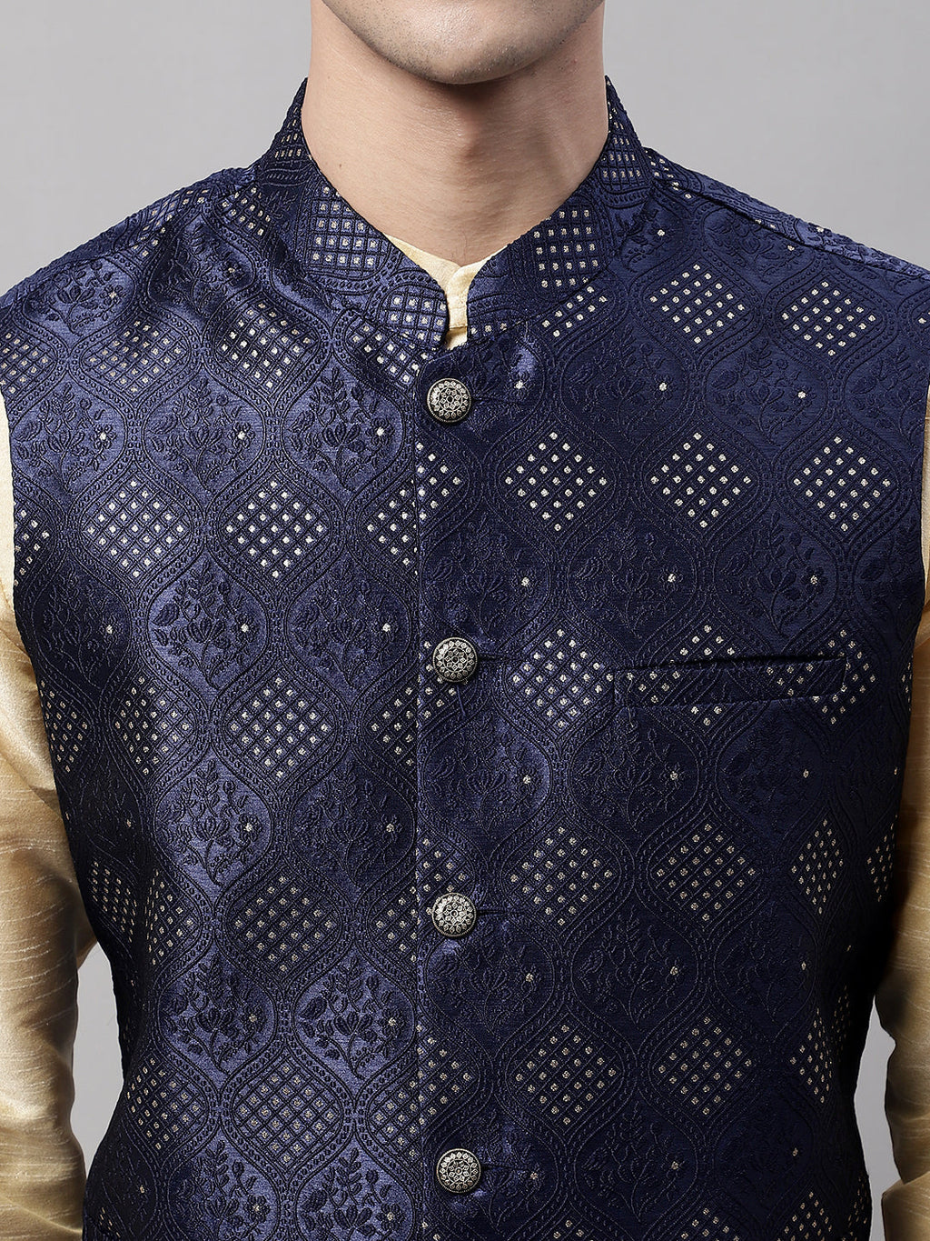 Jompers Men's Navy Blue Woven Design Waistcoats