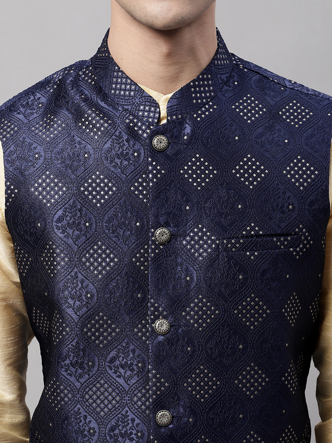 Jompers Men's Navy Blue Woven Design Waistcoats
