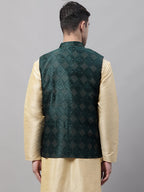 Jompers Men's Olive Green Woven Design Waistcoats