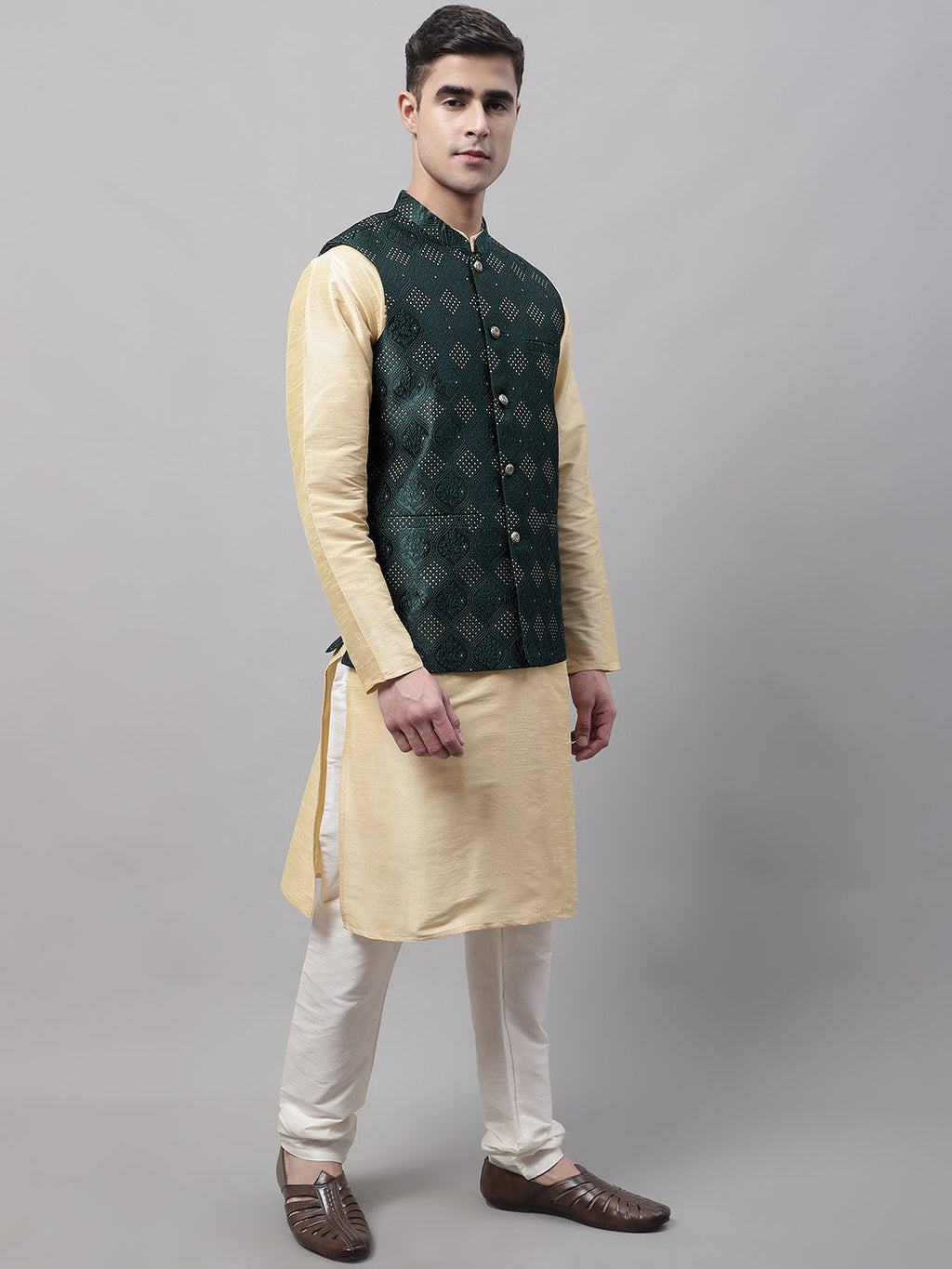 Jompers Men's Olive Green Woven Design Waistcoats