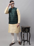 Jompers Men's Olive Green Woven Design Waistcoats