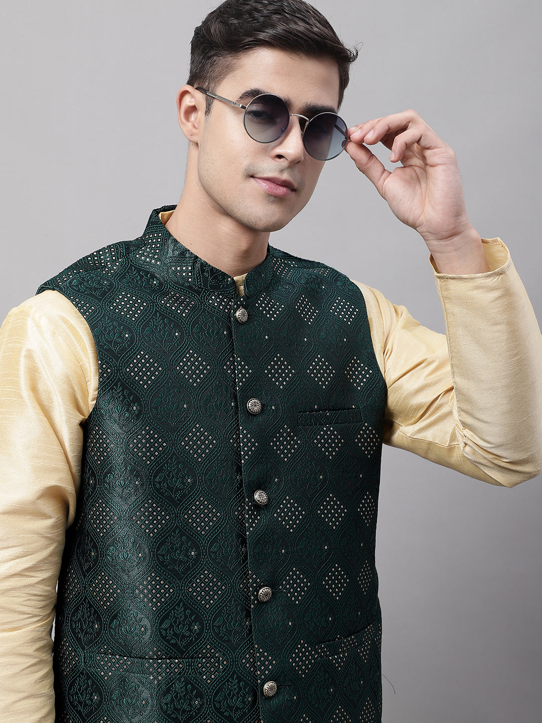 Jompers Men's Olive Green Woven Design Waistcoats