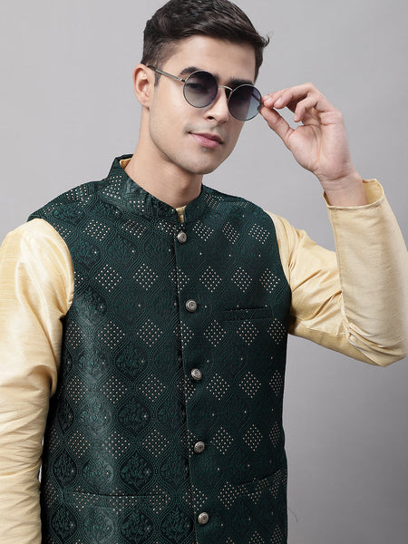 Jompers Men's Olive Green Woven Design Waistcoats