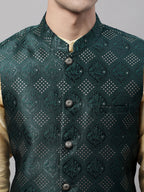 Jompers Men's Olive Green Woven Design Waistcoats